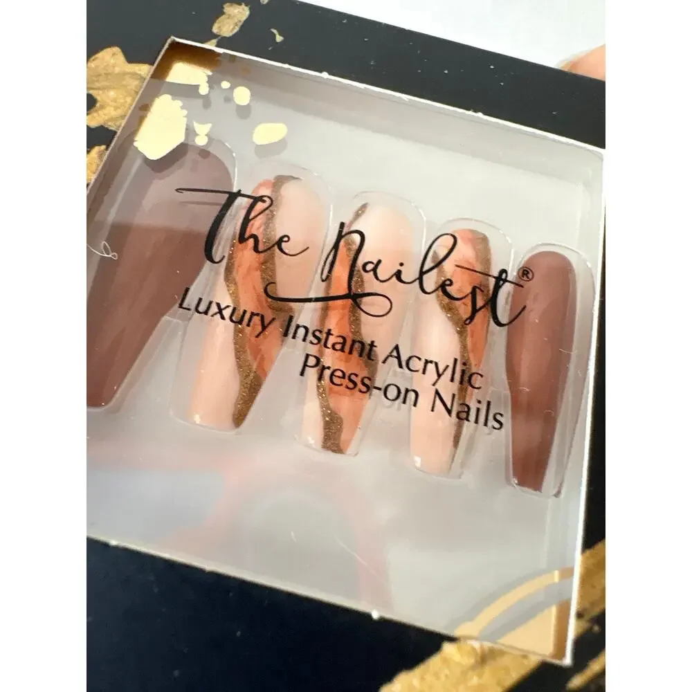 The Nailest Butterscotch Marble Press On Nails Long Coffin Brown Gold Acrylic